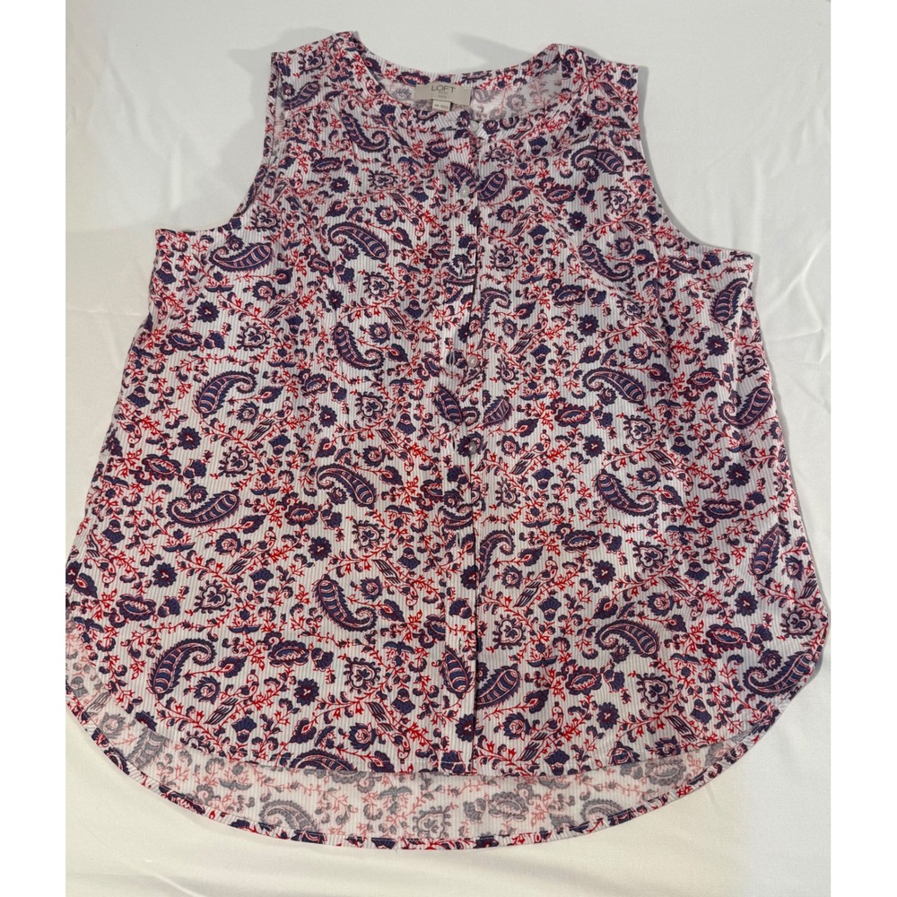 LOFT Outlet Petite Medium Red Blue Paisley Seersucker Sleeveless Button Up Top